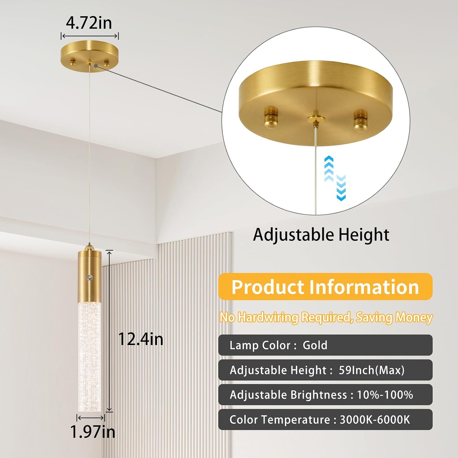 Battery Operated Pendant Light, Battery Hanging Pendant Light, Wireless Adjustable Rechargeable Chandelier for Kitchen Island Dining Room Hallway, No Wiring (Gold,1 Pack)