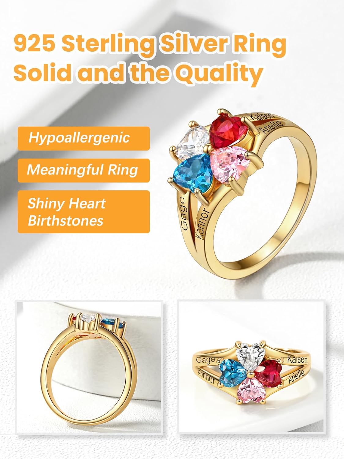 Bestyle Personalized 1-4 Heart Birthstone Rings for Women - Sterling Silver Custom Engraved Promise Rings, Birthstone Mothers Ring Gift for Mom, Wife (Wedding, Valentines, Mothers Day)