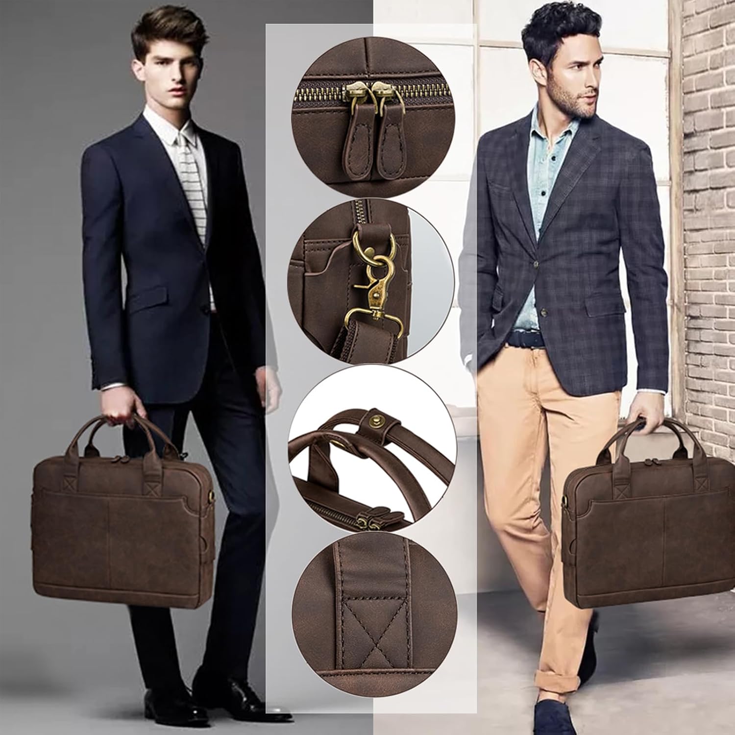Bosidu Leather Briefcases for Men 15.6 Inch Laptop Briefcase Business Messenger Bag Retro Waterproof Computer Bag Perfect Birthday Gifts For Husband, Brown