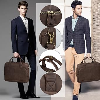 Bosidu Leather Briefcases for Men 15.6 Inch Laptop Briefcase Business Messenger Bag Retro Waterproof Computer Bag Perfect Birthday Gifts For Husband, Brown