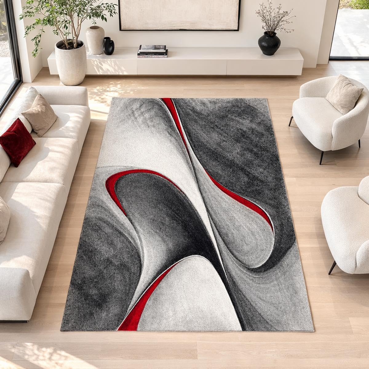 1A2T - Tapis Carré 200x200 cm - Grand Tapis Salon Moderne Design Rouge Gris Noir - Tapis Vague à Poils Ras idéal pour Le Salon, 1938