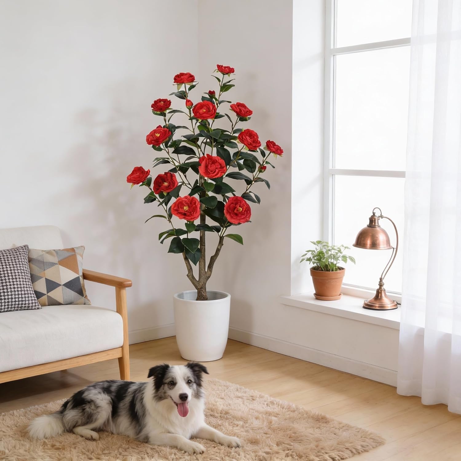 3FT Artificial Camellia Tree, Lifelike Silk Flowers with Green Foliage, Faux Plant in Pot for Home Office Indoor Outdoor Decor, Maintenance for Housewarming (Red)