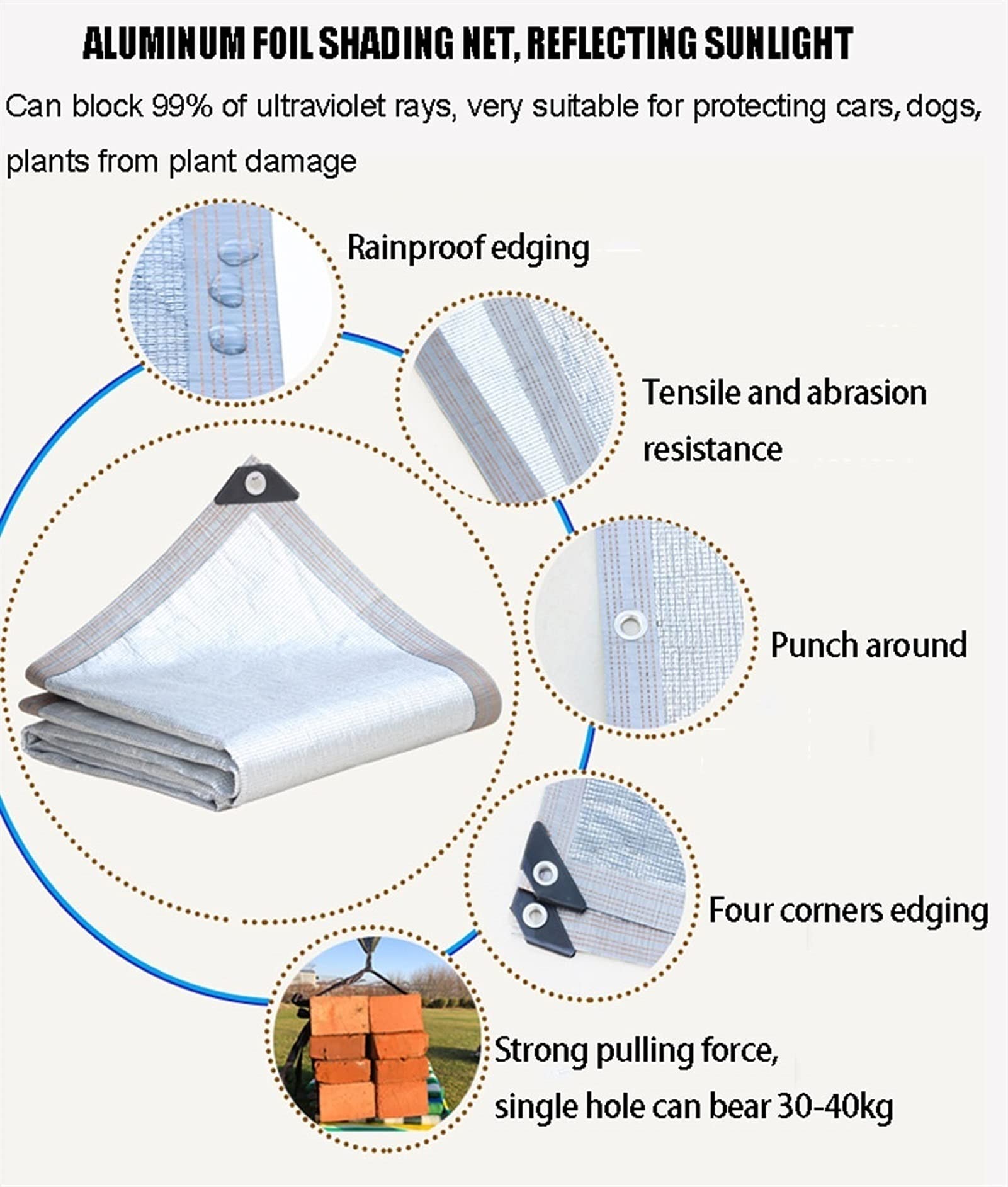 Pannello parasole in alluminio al 99%, 4 x 5 m, con occhielli, protezione UV, riduzione del calore, per serre, terrazze e uso esterno