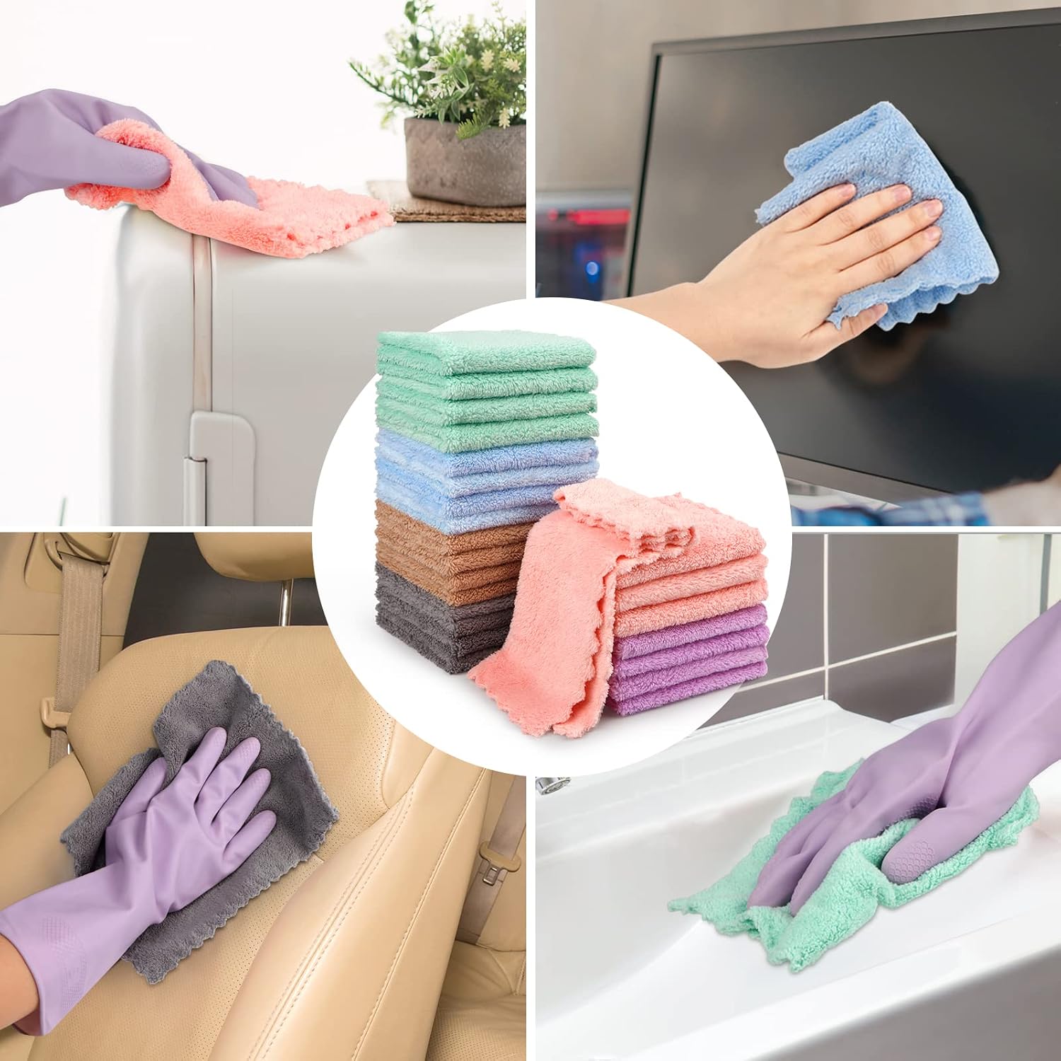 HOMEXCEL 24 Pack Microfiber Cleaning Cloth, Kitchen Towels, Dish Towels &Tea Towels, Premium Dishcloths, Lint Free Highly Absorbent Coral Velvet Dishtowels for Kitchen Car Cleaning, 7X9(6 Colors)