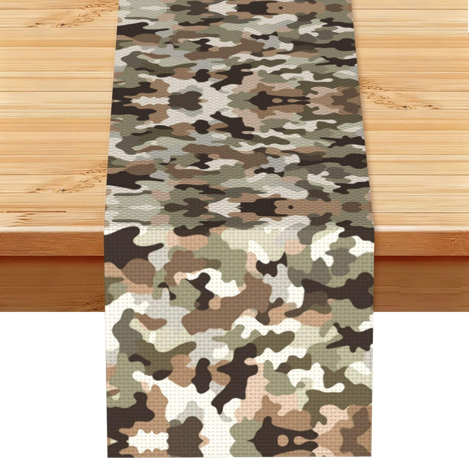 Warm Tan Camo Printed Table Runner 13 x 72, Wrinkle Resistant Decor for Dining Table Coffee Table Fireplace
