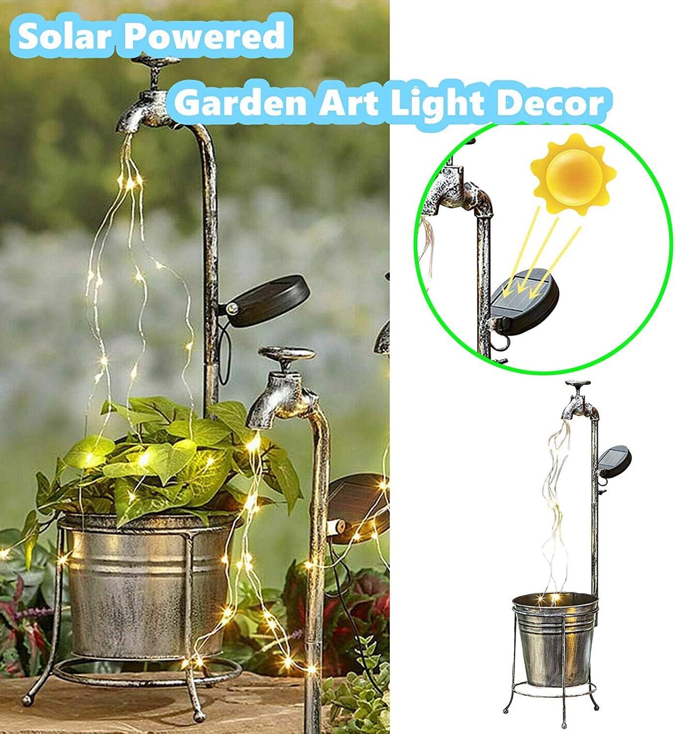 Solar Garden Lights Solar Garden Faucet Lights Decor, Waterproof Waterfall LED Light Solar Powered Outdoor Decorative, Garden Water Faucet Planter Lights For Lawn Yard Art Decorations 18X61cm ( Color