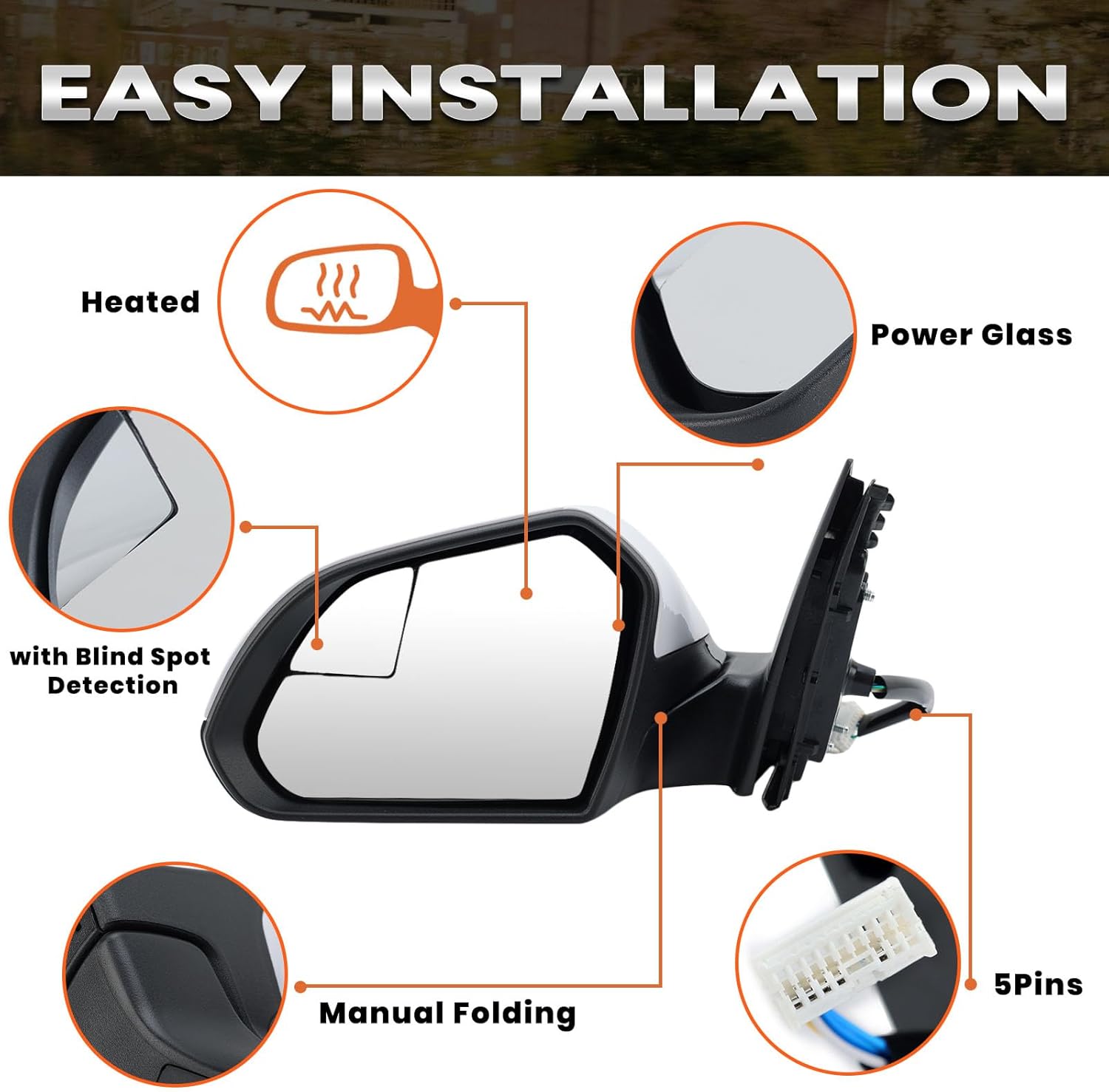 Left Driver Side Mirror Compatible with Hyundai Sonata 2015 2016 2017 2018 2019 Power Glass Manual Folding Heated with Blind Spot Detection 5 Pins Replace HY1320203 | 87610-C2000 (White)
