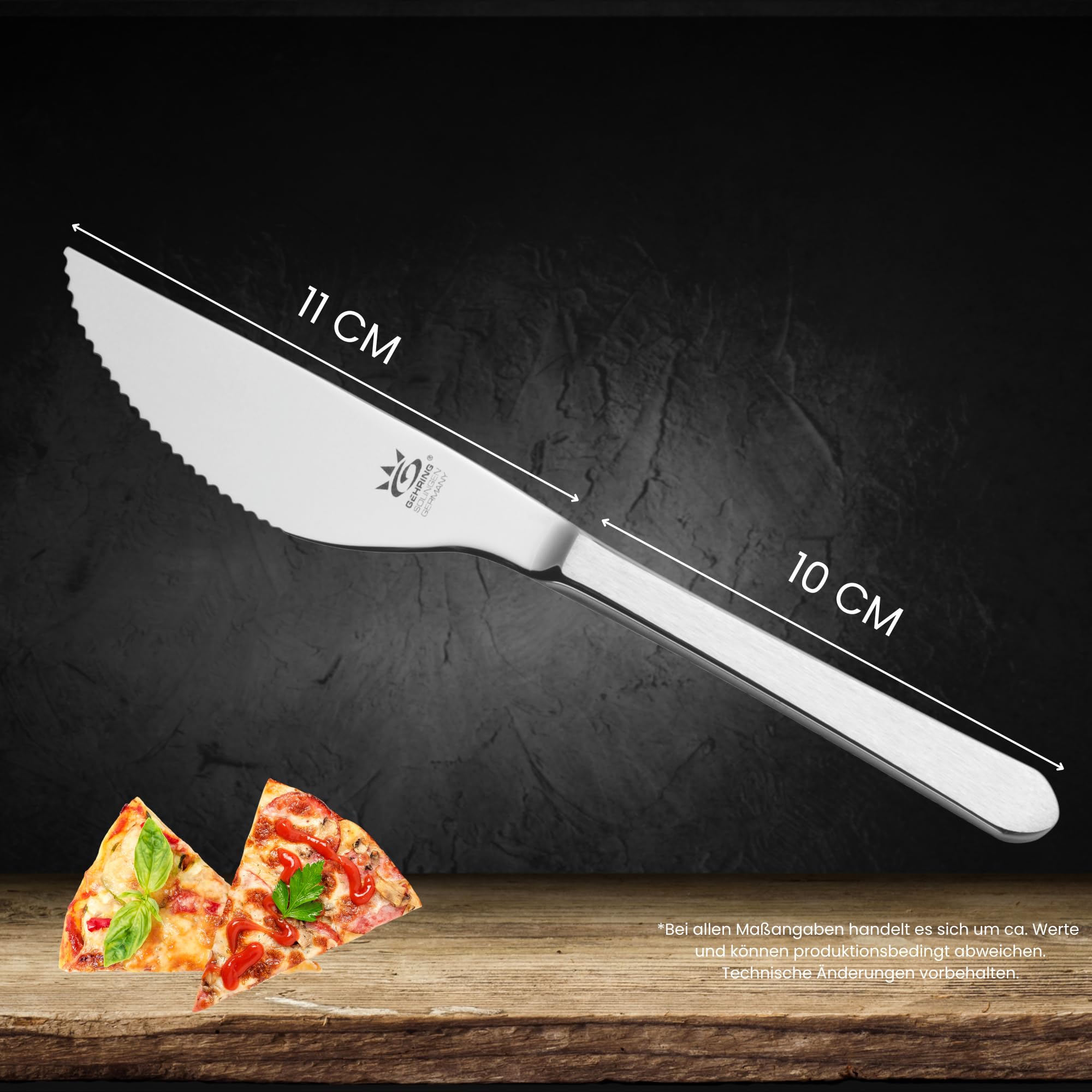 GEHRING Solingen Satino Pizza Messer 6 Stück I 11 cm Klingenlänge I grober Wellenschliff I Pizzamesser Edelstahl 6-teilig I Made in Germany I spülmaschinengeeignet