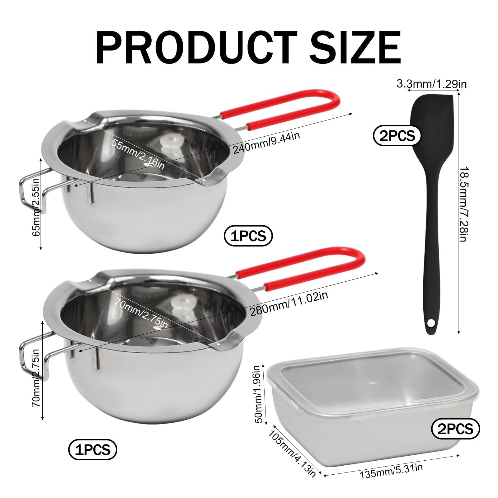 2 Pezzi Bagnomaria in Acciaio Inox con 1 Raschietto Silicone, 2 Contenitore con Coperchio Cioccolato Ciotola di Fusione per Cioccolato, Zucchero, Burro, Formaggio, Caramello(480ml+600ml)