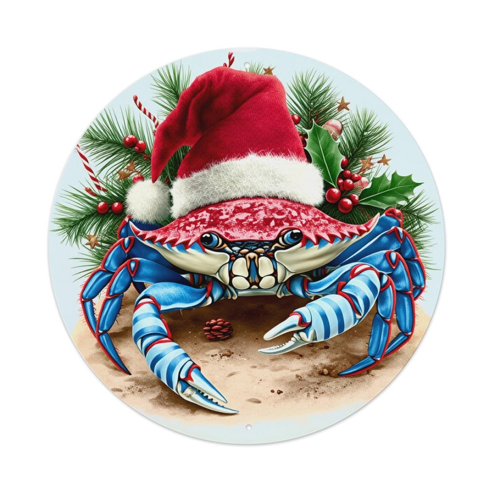 Christmas Crab Santa Hat Pine Round Tin Sign Retro Metal Sign for Cafe Bar Pub Home Game Room Gym Club Wall Decoration Vintage Metal Poster 8x8 Inch
