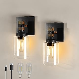 Battery Operated Wall Sconce 2-Pack Farmhouse Rechargeable Wall Lamp Set of Two No Wired Required, Easy Install Cordless for Bedroom Bathroom Livingroom No Remote