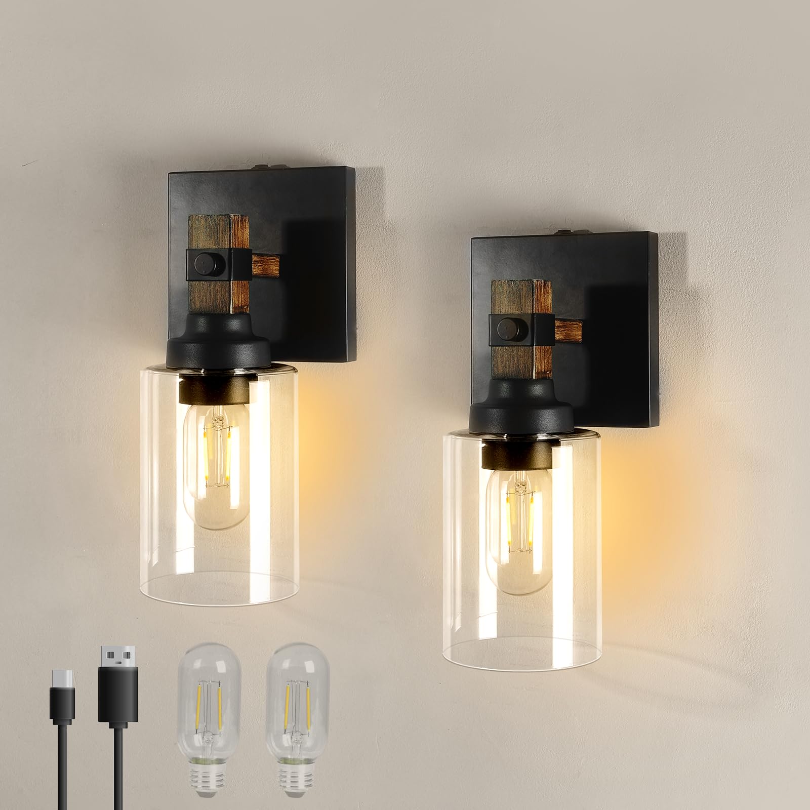 Floresita Battery Operated Wall Sconce 2-Pack Farmhouse Rechargeable Wall Lamp No Wired Required, Easy Install Cordless Wall Light