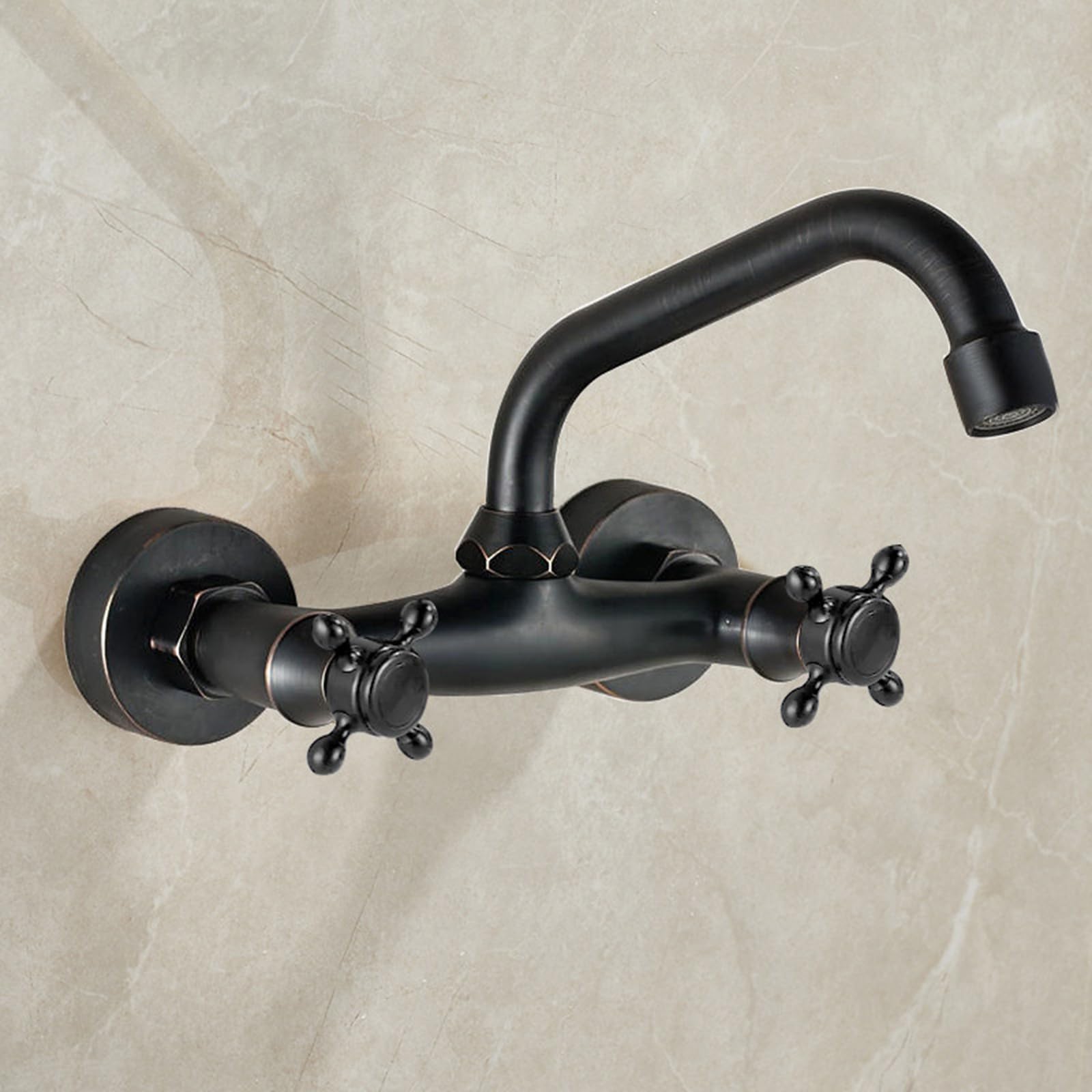 BiaoTeng Grifo Pared Lavabo Vintage con Dos Mandos en Cruz Giratorio 360 agua Fría y Caliente Laton Grifo Lavabo Negro Retro