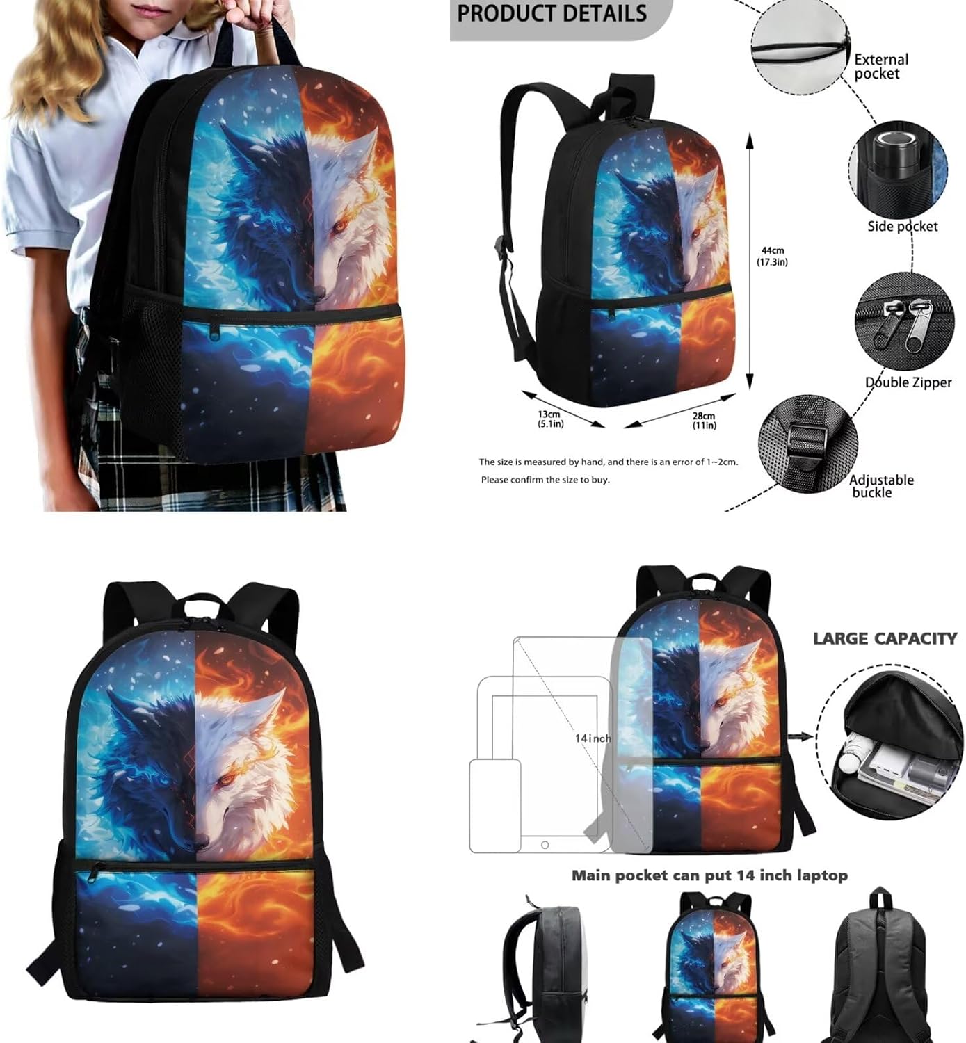 BIGCARJOB Wolf School Bags Set for Boys Large Backpack Back to School Bookbags Set with Lunch Box and Pencil Holder Water Bottle Carrier Bookmark Teens Student Casual Daypack for Kids