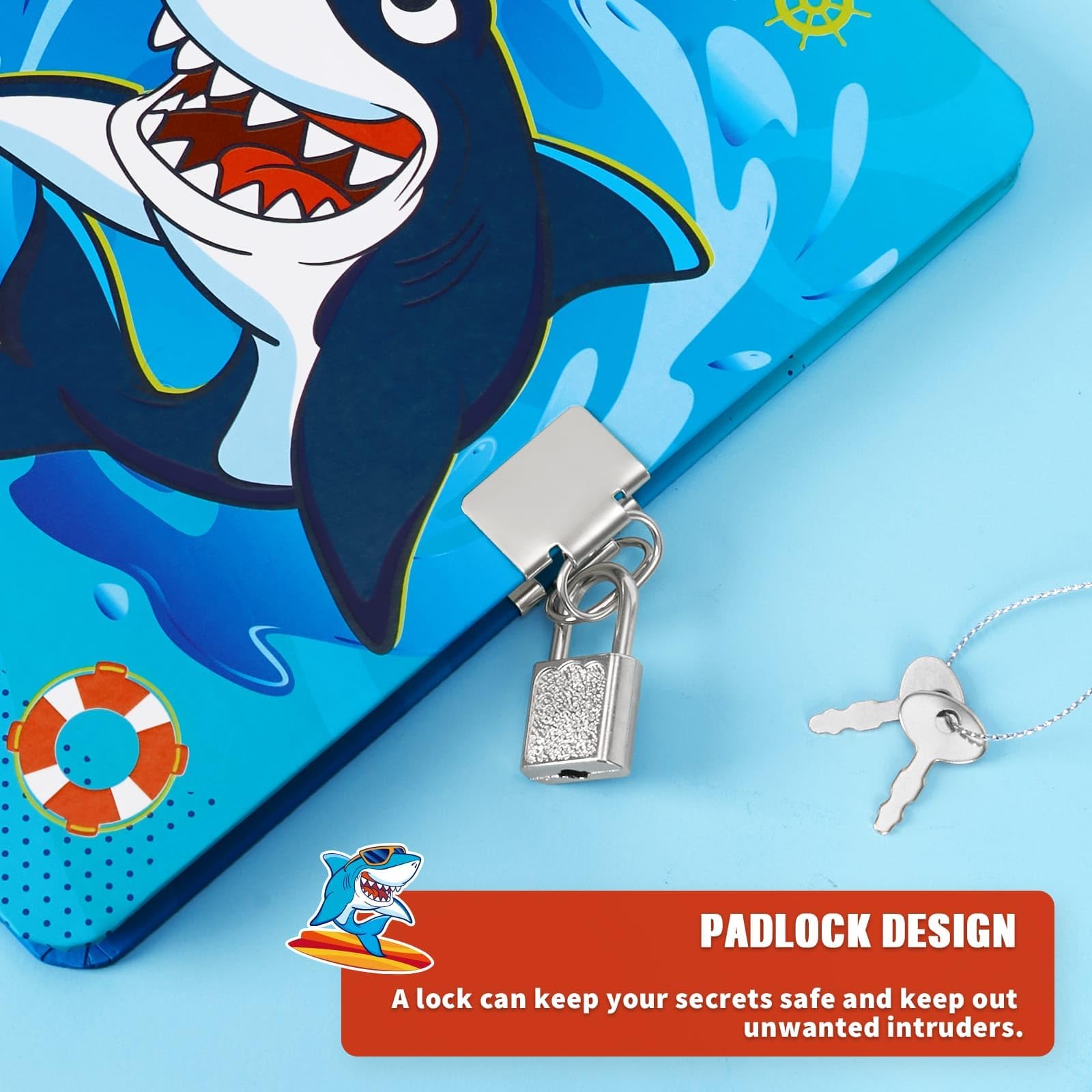 Diario Luminoso Per Bambini A Tema Squalo | Con Lucchetto, Chiavi, Penna E Adesivi | Regalo Compleanno O Natale - Foto 6