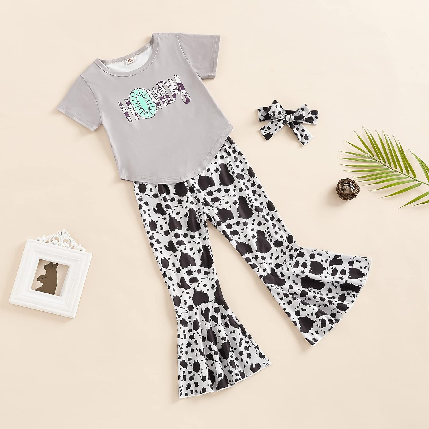 Emmababy Toddler Western Outfit Girls Bell Bottom Outfits Kids Ruffle Shirt Short Sleeve Cow Print Flare Pants Summer Clothes - Image 3
