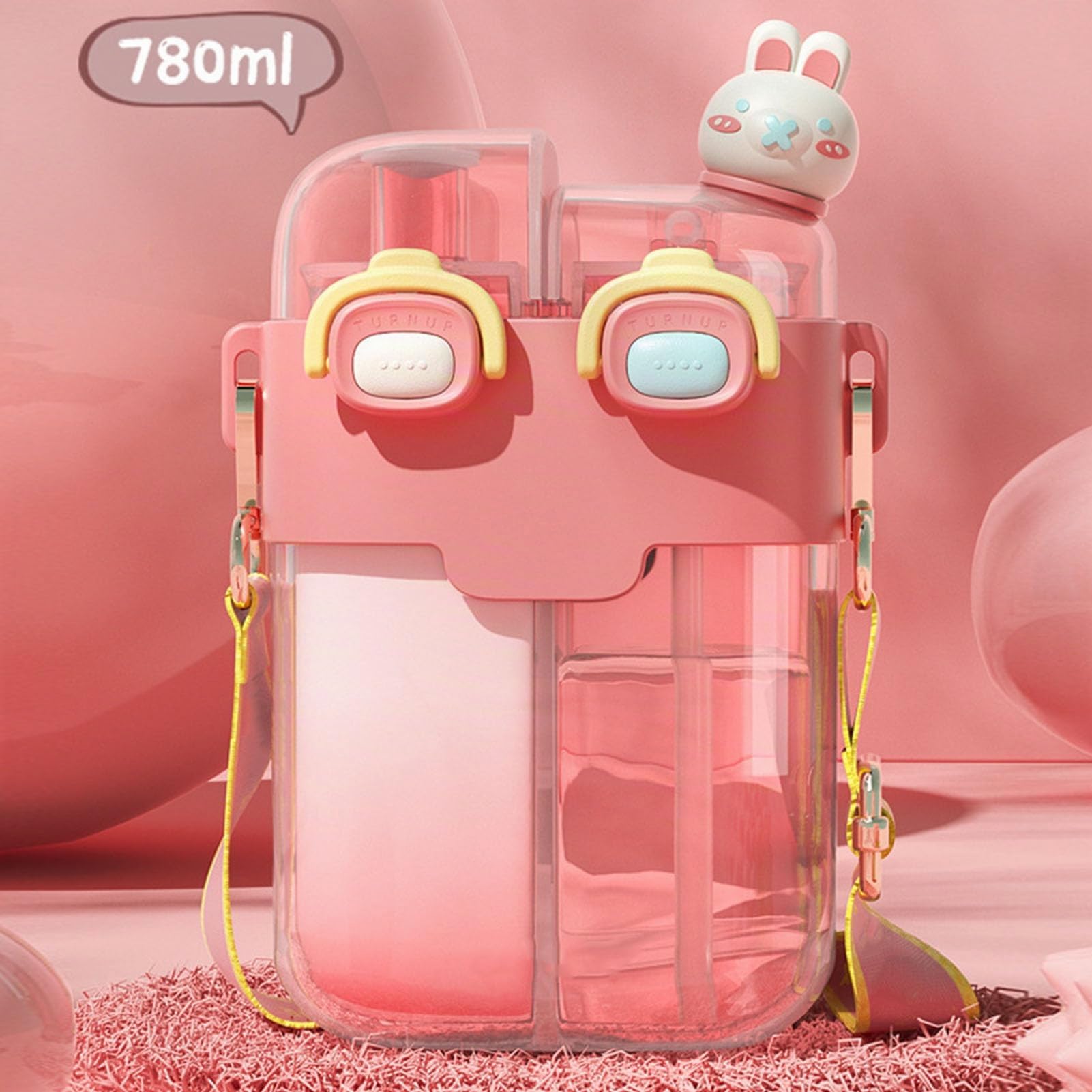 Bottiglie D'acqua Kawaii con Cannuccia, Cinturino Regolabile in Plastica per Doppia Bottiglia D'acqua Alla Moda per Sport Fitness Palestra Brocca D'acqua da Campeggio (Rosa