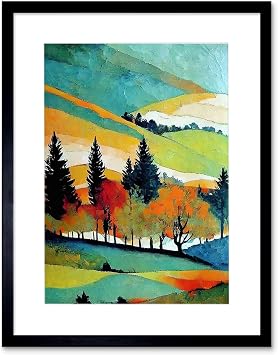 Wee Blue Coo Colourful Autumn Landscape Scotland Hillside Forest Oil Painting Artwork Framed Wall Art Print 12X16 Inch