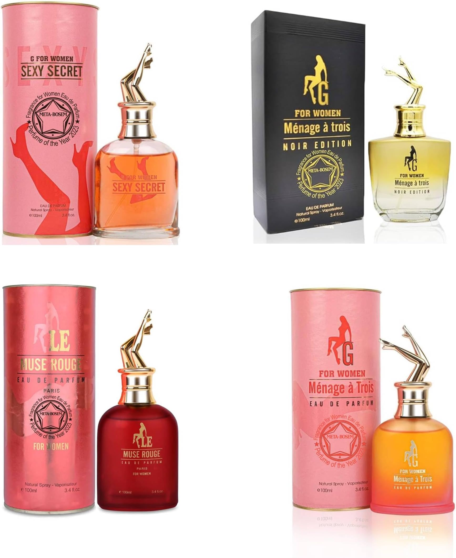 La Femme Fatale/Sexy/G Menage a trois Noir Edition/Romance, Women Perfume Collection Fragrance Bottle, Eau de Parfum Natural Spray - Fresh Scent (Pack of 4) Each 3.4 Fl Oz, Total 13.6 Oz