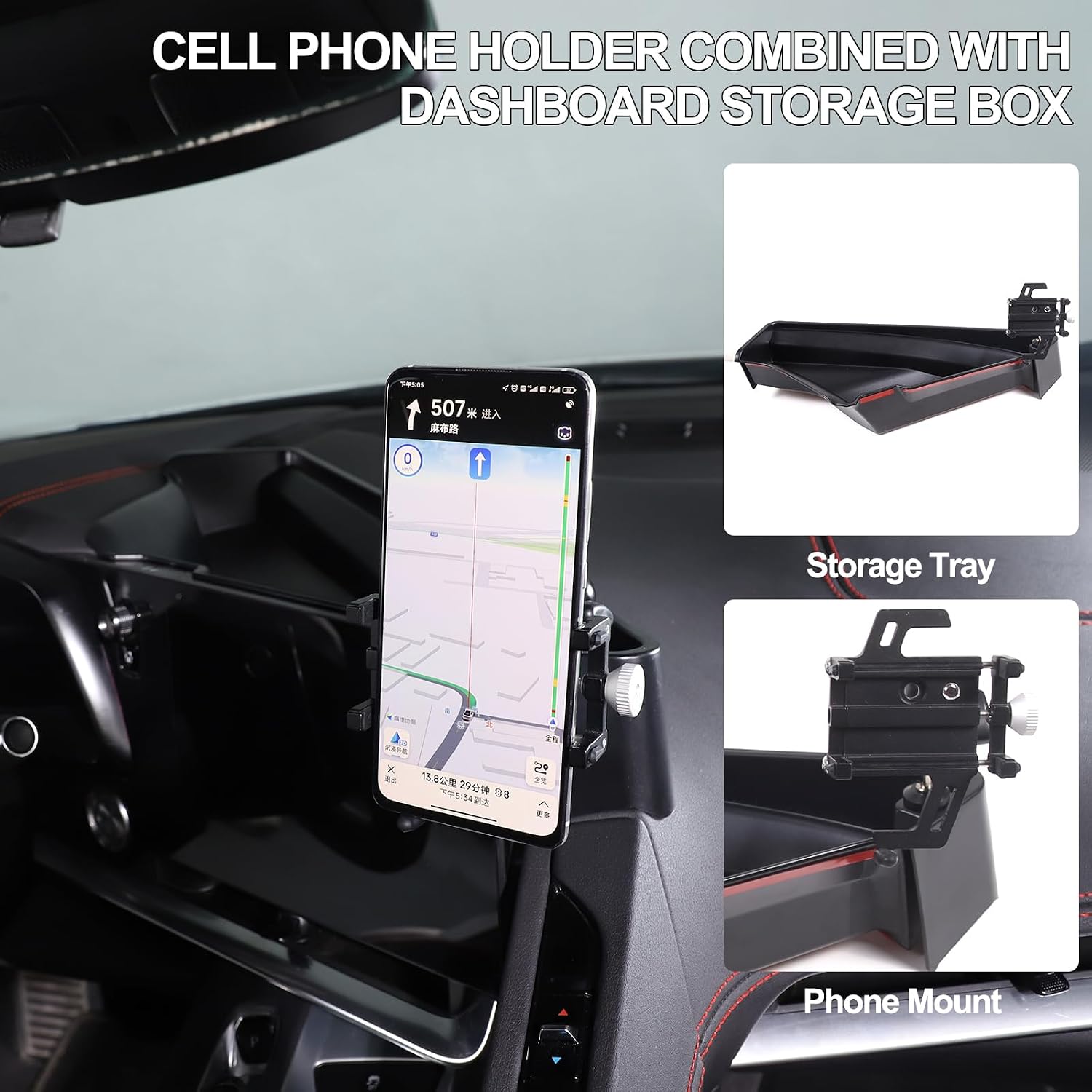 for Corvette C8 Center Console Tray Phone Holder Mount Organizer,360 Degree Rotatable Phone Holder Stand Navigation Screen Rear Storage Box Organizer Tray for Corvette C8 2020-2024 2025 (Style C) image 5