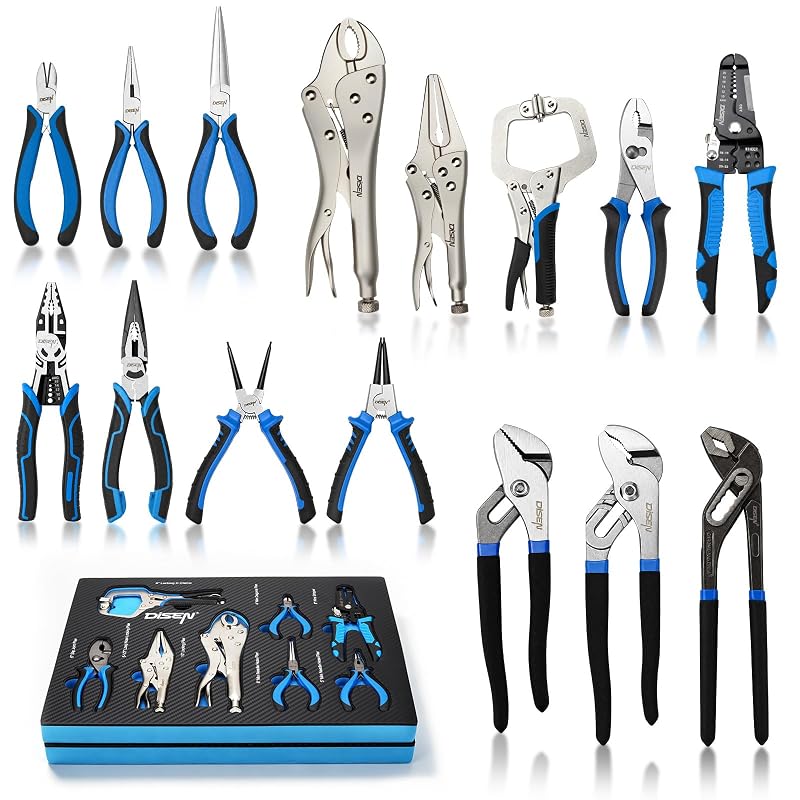 Jogo de Alicates DISEN com 15 Peças e Organizador de Espuma EVA, Cabos Ergonômicos em TPR, Disen-pliers-15pc