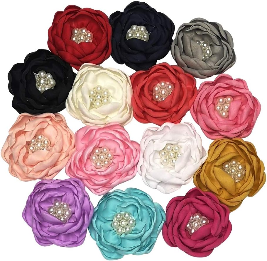 Libiline 14pcs 2-Inch Chiffon Ribbon Flowers with Bead Centers - Mixed Colors for Hair Clips, Headbands, Weddings & Crafts