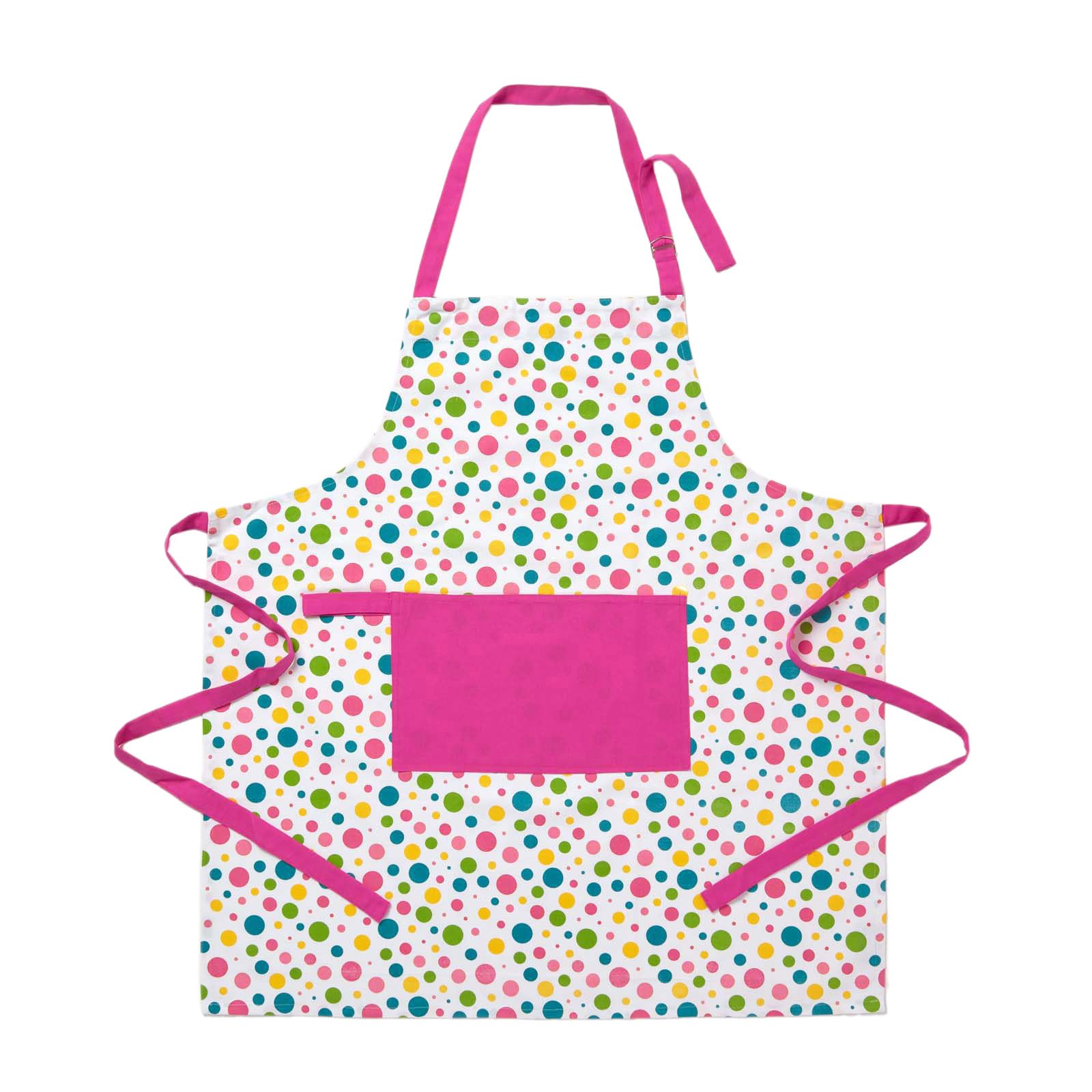 Homescapes Unisex Multicolour Polka - Pure Cotton Apron With Pocket - Polka Dot Multi Colour - Pink Yellow Blue Green - 80 X 85 Cm - Fully Coordinated Washable Kitchen Linen