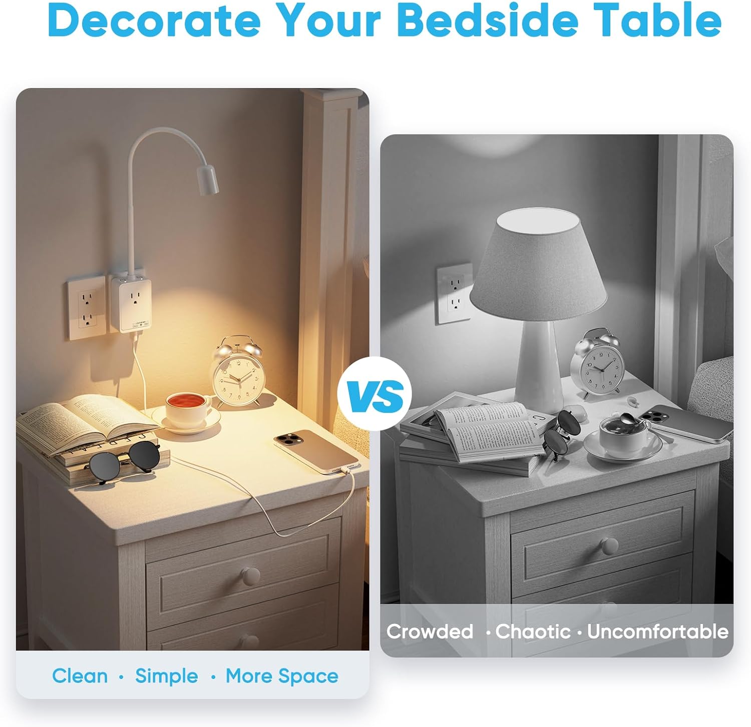 Plug in LED Spot Wall Lamps for Reading, 2 Pack White Flexible LED Book Reading Lights with Power Plug and Outlet Extender for Kitchen Bedroom, 3 Color Temperature, USB Charging Ports