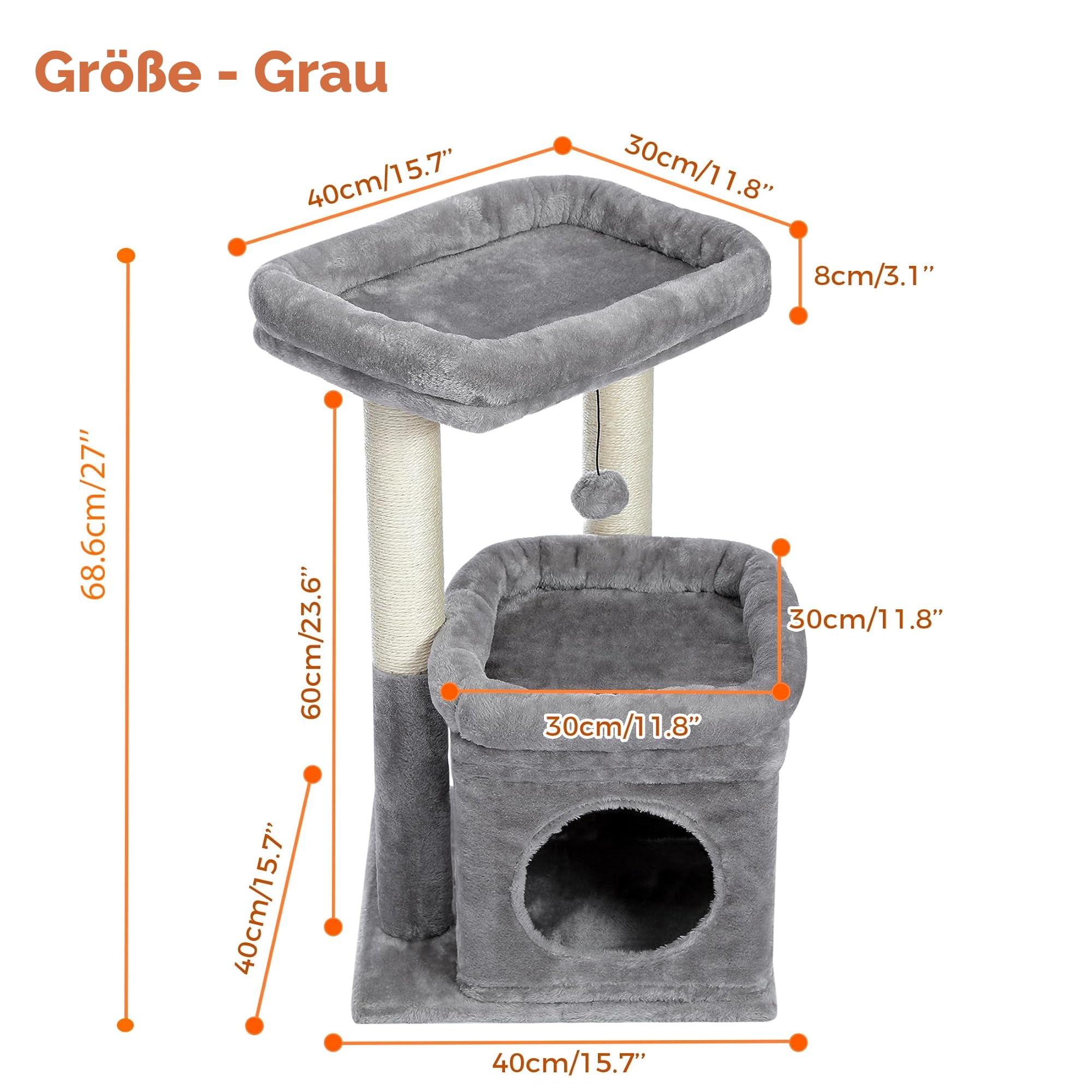 PAWZ Road Kleiner Katzenbaum, mehrstöckiger Katzenturm mit Sisal-überzogenem Kratzbaum, gemütlicher Katzenwohnung und großer Katzensitzstange für Hauskatzen, Grau