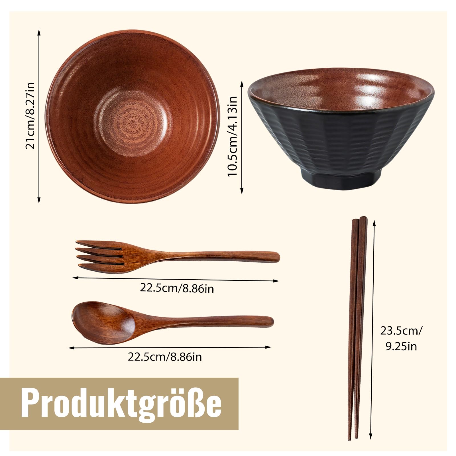 2 x 1600ml Ramen Schüssel Set, Ramen Set aus Keramik mit Essstäbchen, Gabel und Löffeln, Suppenschüssel Spülmaschinenfest Geschirr für Nudeln Suppen Getreide Salate Geschenke (Flammenrot)
