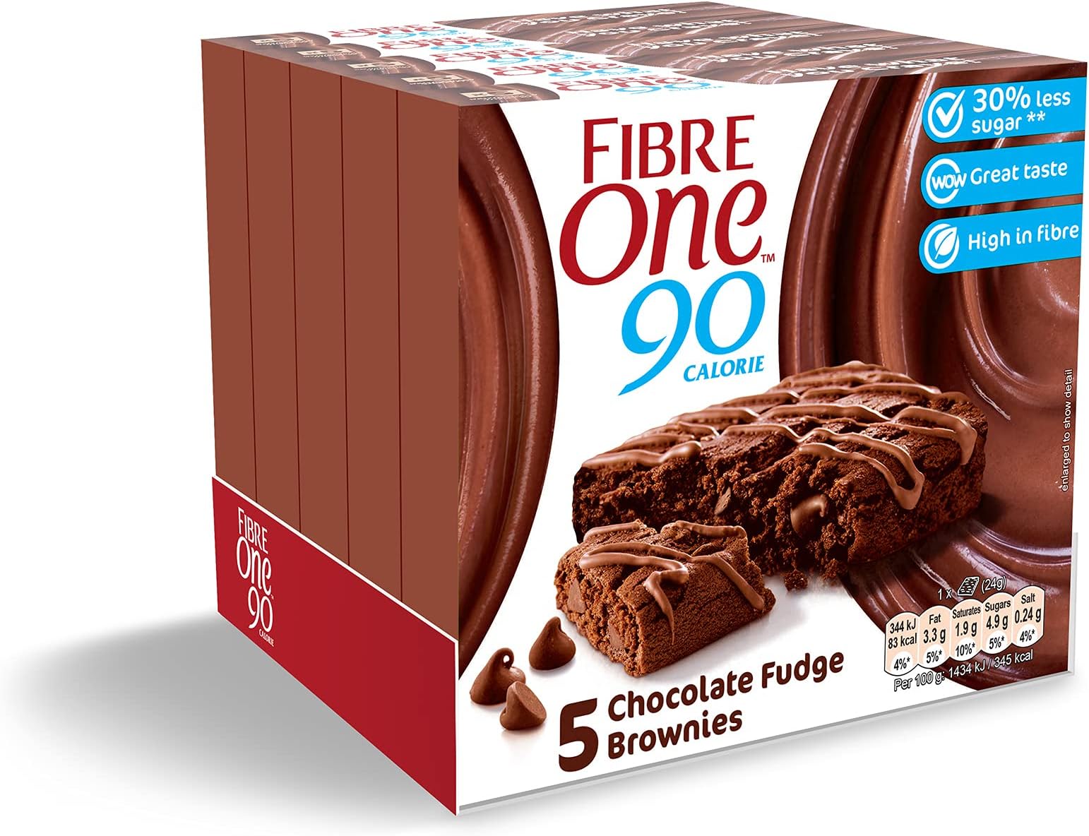 Fibre One 90 Calorie Chocolate Fudge High Fibre Brownies 5 x 24g (Pack of 5, total 25 Squares)