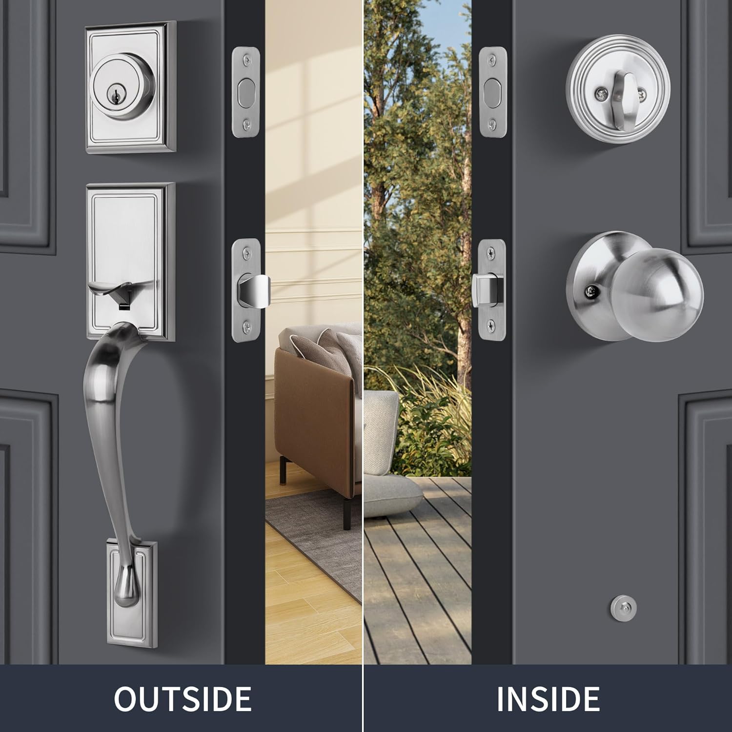 Front Door Handleset with Deadbolt – Satin Nickel Entry Handle Set with Interior Door Knob, Keyed Single Cylinder Lock, Reversible, Fits 1-3/8"–1-3/4" Doors