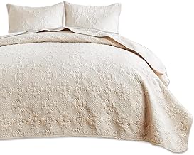 Indigo & Poppy Double Size Bedspread Set - 3-Piece Lightweight Vintage Flower Pattern with Pillow Shams - Breathable Polyester Ultrasonic Quilted Coverlet (Ivory,228x243cm,TC-240)