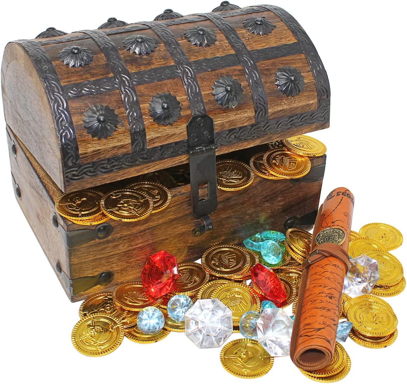 Nautical Cove Wooden Pirates Treasure Chest Box Pirate Treasure Map and Gold Coins/Gems