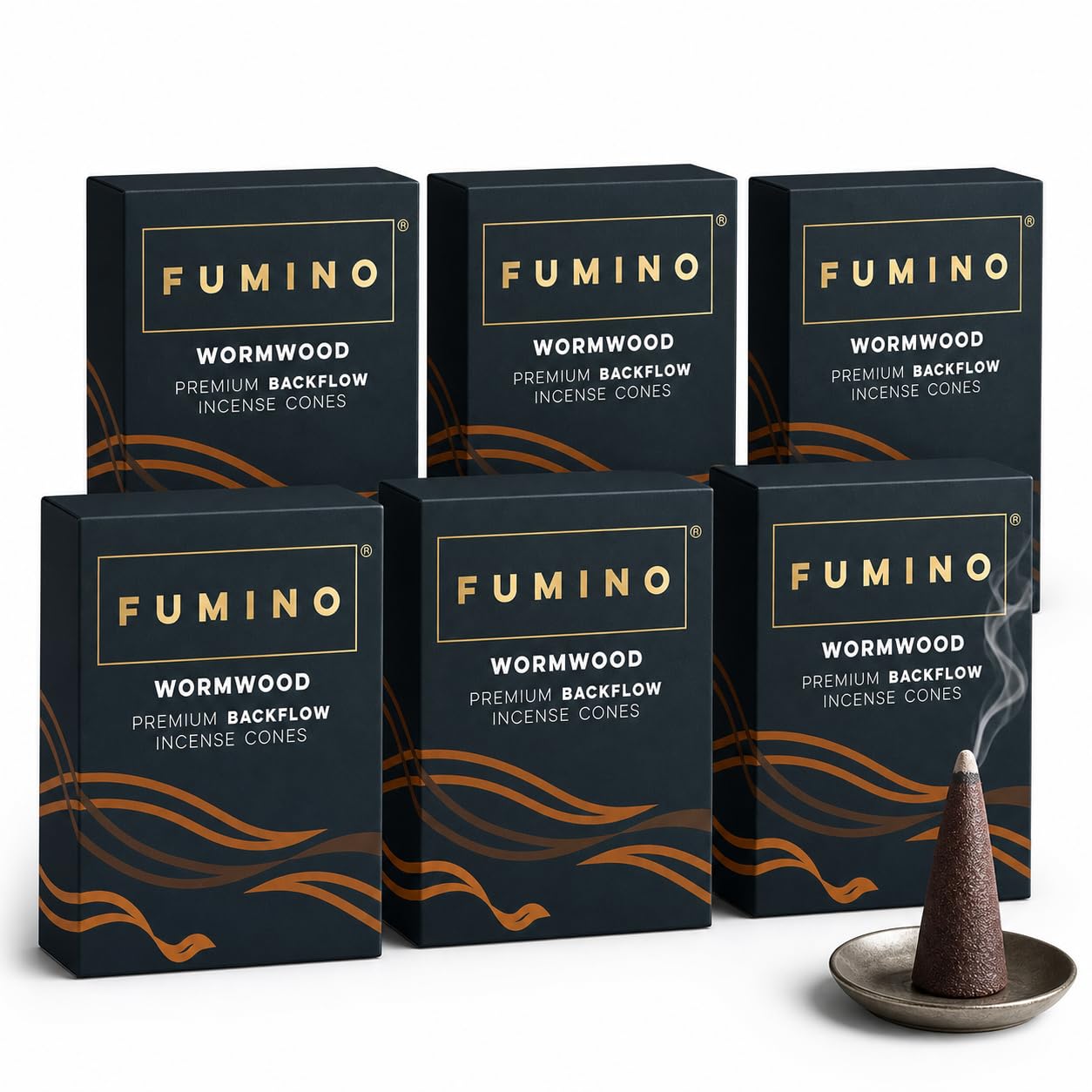 Fumino Wormwood Backflow Incense Cones 90 Pack 6 Boxes - Natural Masala Cones for Waterfall Cascade Smoke & Meditation, Herbal & Earthy Scent, Hollow-Core for Backflow Burners