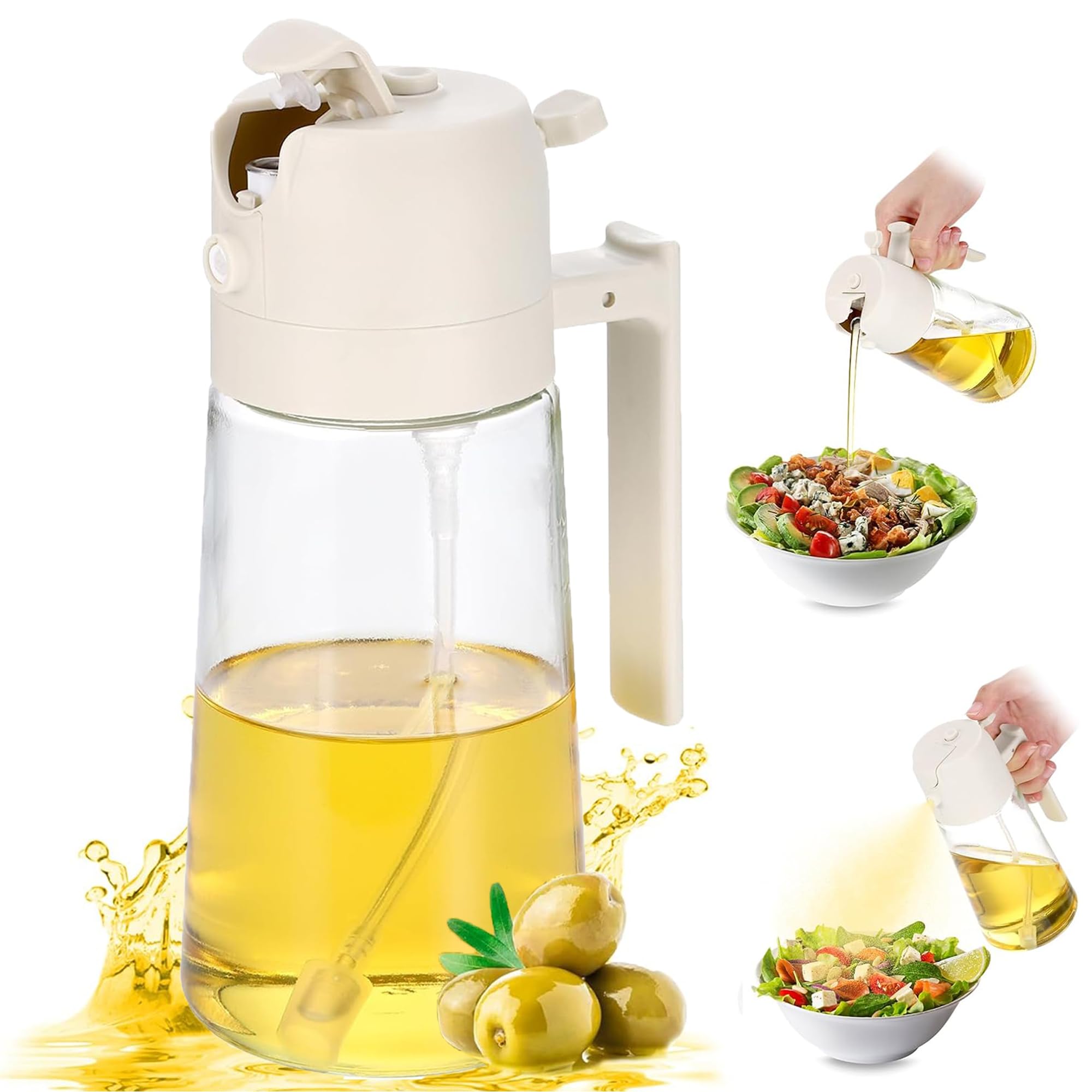 DDUP 2 in 1 Glass Oil Sprayer and Dispenser Bottle, Olive Oil Spray Bottle for Cooking, Food Grade Oil Dispenser with Pour & Spray Function, Kitchen Gadgets for Air Fryer (470ml/White)
