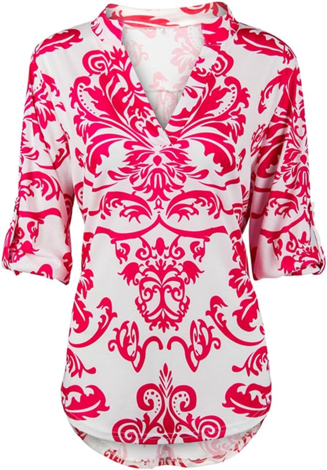 YOUHUA Women Deep V Neck 3 4 Sleeve Floral Print Casual Loose Long Shirt(HY0628-pink-L)