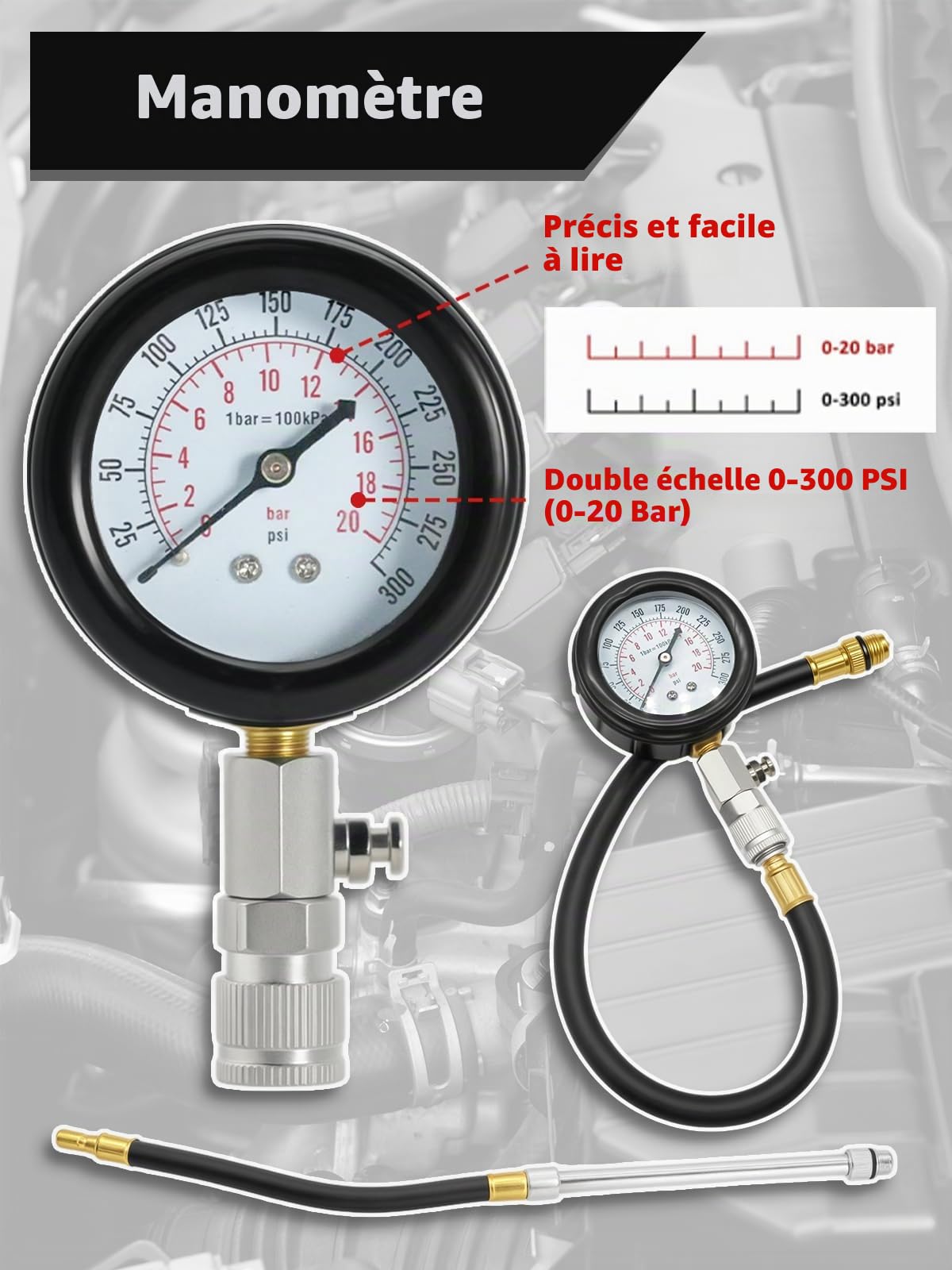 Kit de 11 Testeurs de Compression, Pour Moteur à Essence 0-300 PSI / 0-20 Bar, Testeur de Compression Pour Moteur à Essence de Voiture, Manomètre de Compression