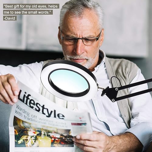 Vista 6 de Lámpara de pie con lupa, LED regulable con 3 modos de iluminación y 5 dioptrías, altura ajustable, lámpara de trabajo súper brillante con lupa