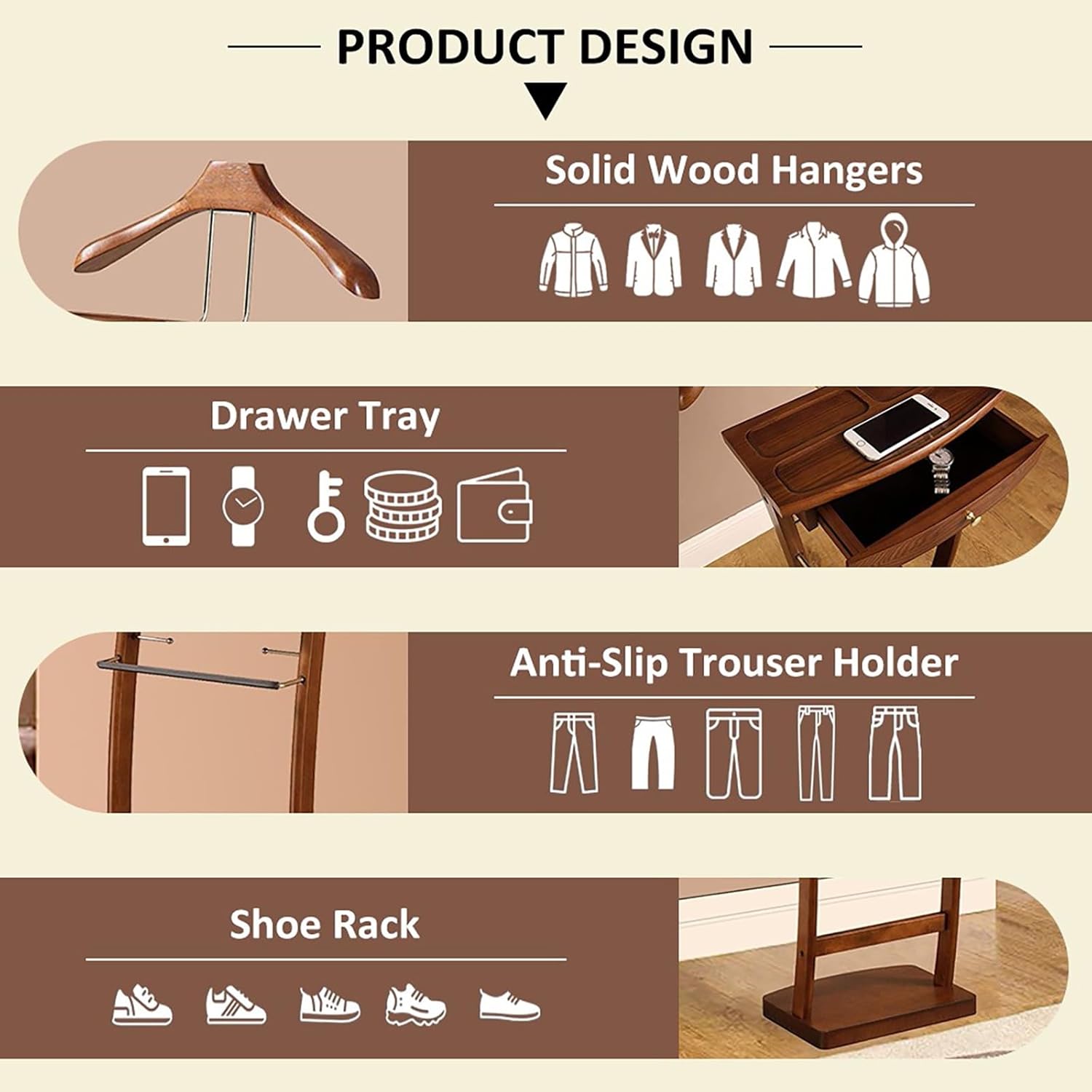 Valet Stand Wooden with Drawer, Valet Rack with Tray, Men and Women Freestanding Clothes Valet Stand, for Living Room Office Dressing Room, 44.4X30X112.2 CM (Walnut)