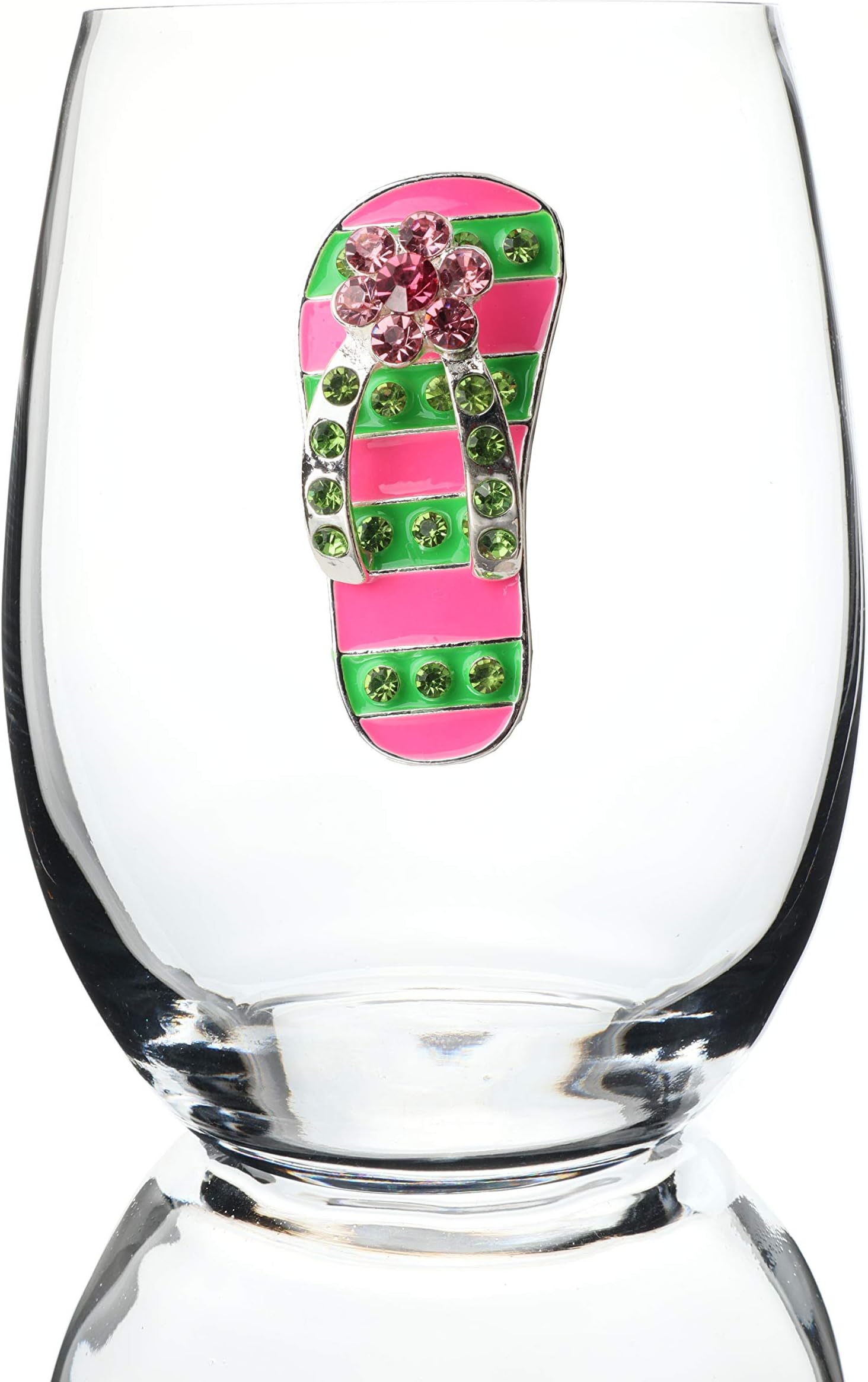 THE QUEENS' JEWELS Pink and Green Flip Flop Jeweled Stemless Wine Glass, 21 oz. - Unique Gift for Women, Birthday, Cute, Fun, Not Painted, Decorated, Bling, Bedazzled, Rhinestone