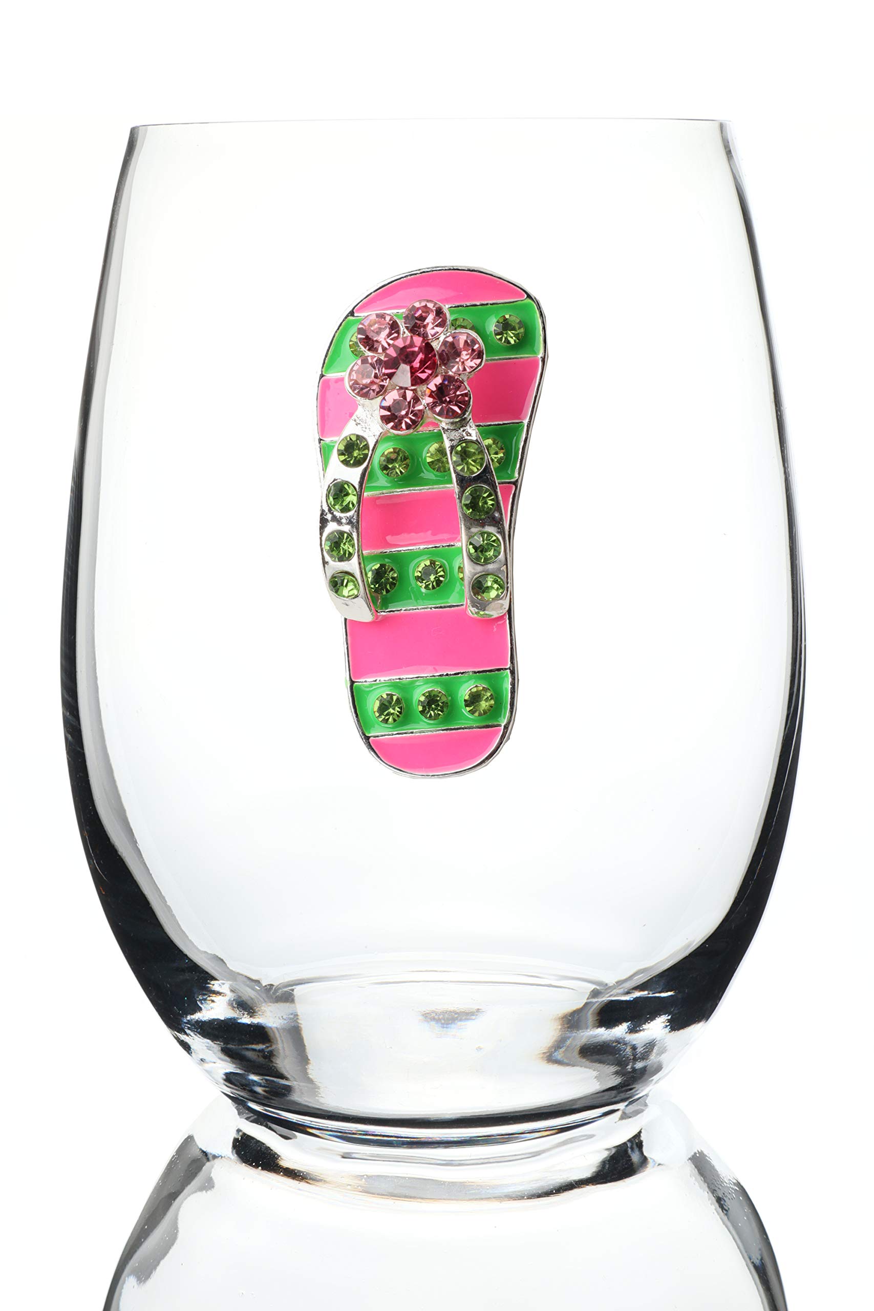 THE QUEENS' JEWELS Pink and Green Flip Flop Jeweled Stemless Wine Glass, 21 oz. - Unique Gift for Women, Birthday, Cute, Fun, Not Painted, Decorated, Bling, Bedazzled, Rhinestone