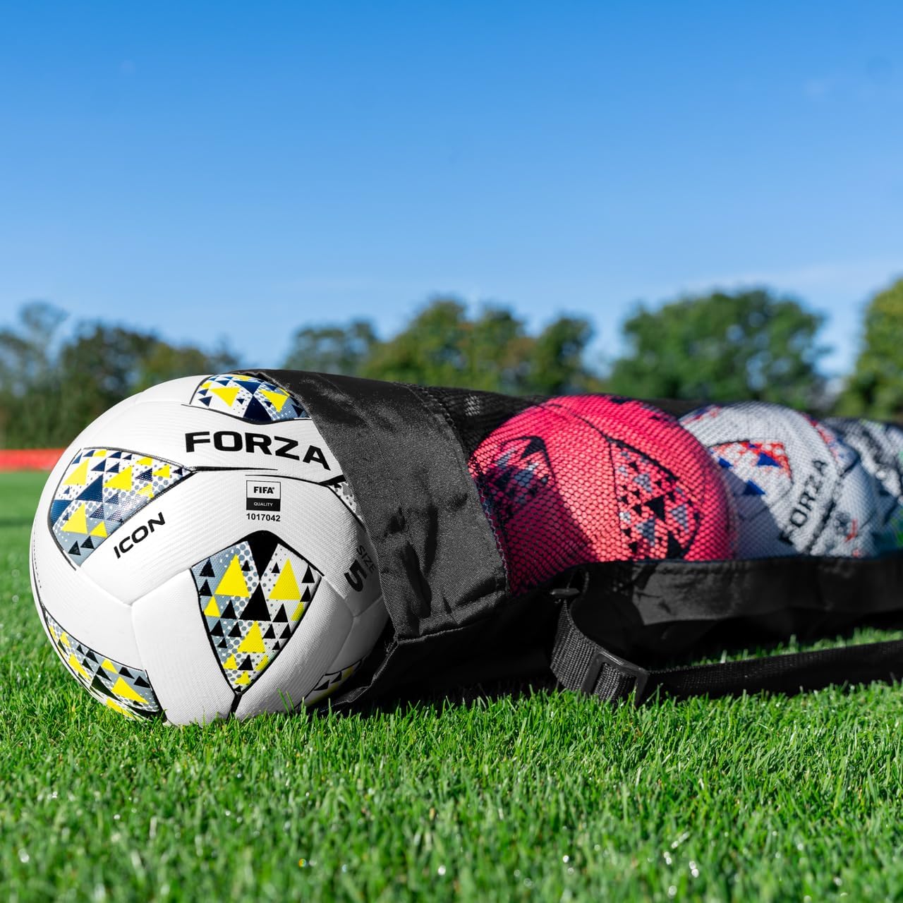 FORZA Tube Ball Bag – Nylon & Mesh Soccer Ball Carry Bag Holds Up To 5 Size 5 Balls – Draw-Cord Tube Bag With Adjustable Shoulder Strap – Lightweight & Portable (Black/Red/Blue/Yellow)