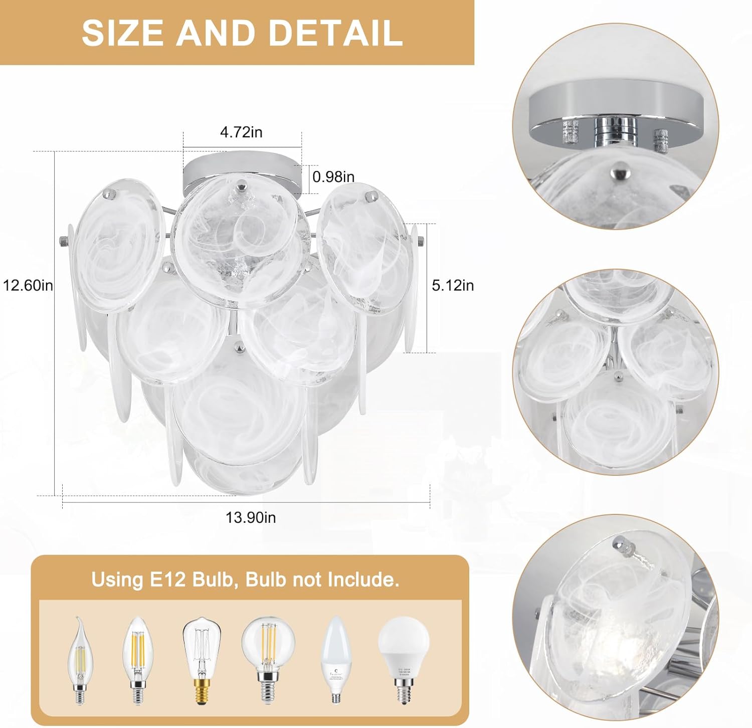 Semi Flush Mount Chandelier, Modern Ceiling Light Fixtures with Glass, 4 Light Chandelier Ceiling Light for Bedroom,Small Chandelier for Living Room,Dining Room,Entryway, Hallway