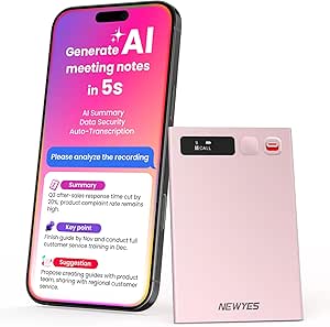 AI Voice Recorder, NEWYES Ailog Smart Digital Audio Recorder with 64GB Storage, Transcription, Summarization, and Translation for Meetings and Business (Rose Gold)