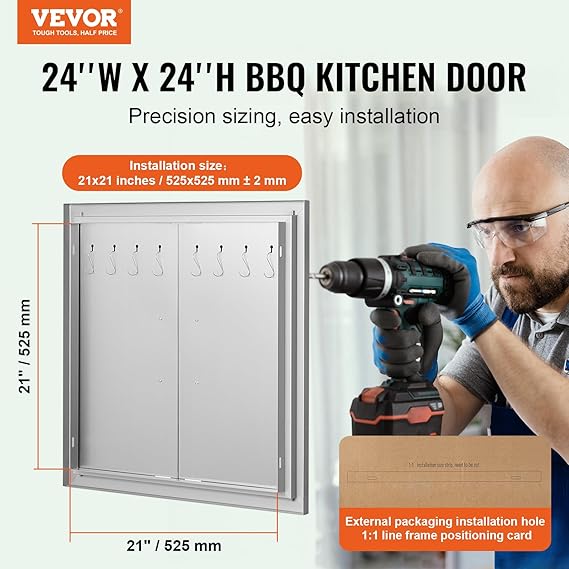 VEVOR BBQ Access Door 24W x 24H Inch, Grill Door Double Door Brushed Stainless Steel, Outdoor Kitchen Doors for BBQ Island Grilling Station