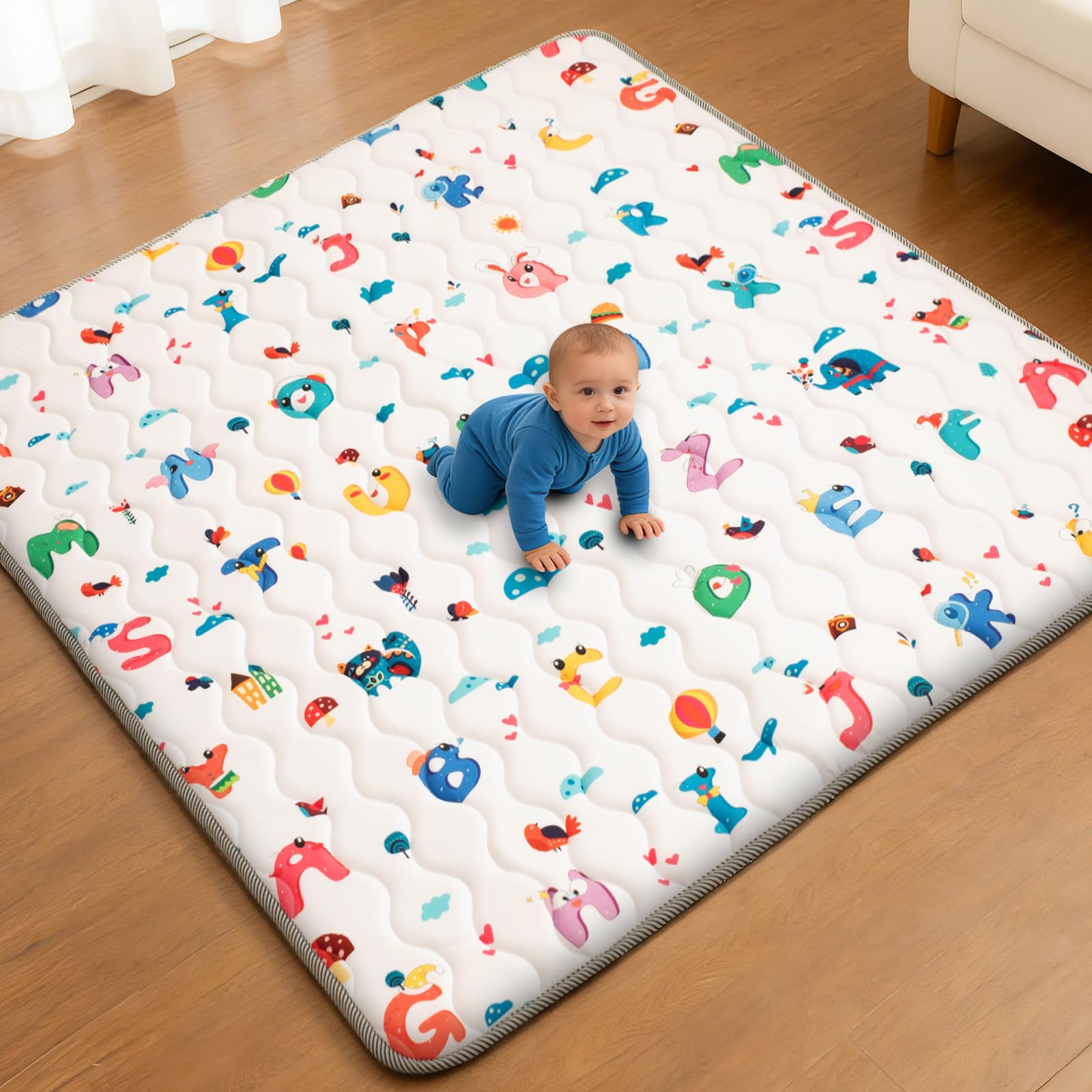 Wirhao Tapete de juego para bebé para piso, 50 x 50 pulgadas de espuma gruesa suave acolchada para bebé, tapete de juegos para niños pequeños, lavable a máquina, parte inferior antideslizante, seguro