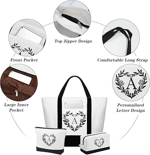 Miniatura 5 de YOOLIFE Bolsa de lona con iniciales para mujer, 2 bolsas de maquillaje, regalos personalizados, regalos para profesores, regalos de cumpleaños para