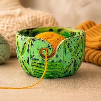 Nagina International Exquisite Premium Yarn Ball Storage Bowls | Hand Painted Lovely Decor Yet Functional Yarn Dispenser Small 6 x 3 x 6 Inches, Algae Green