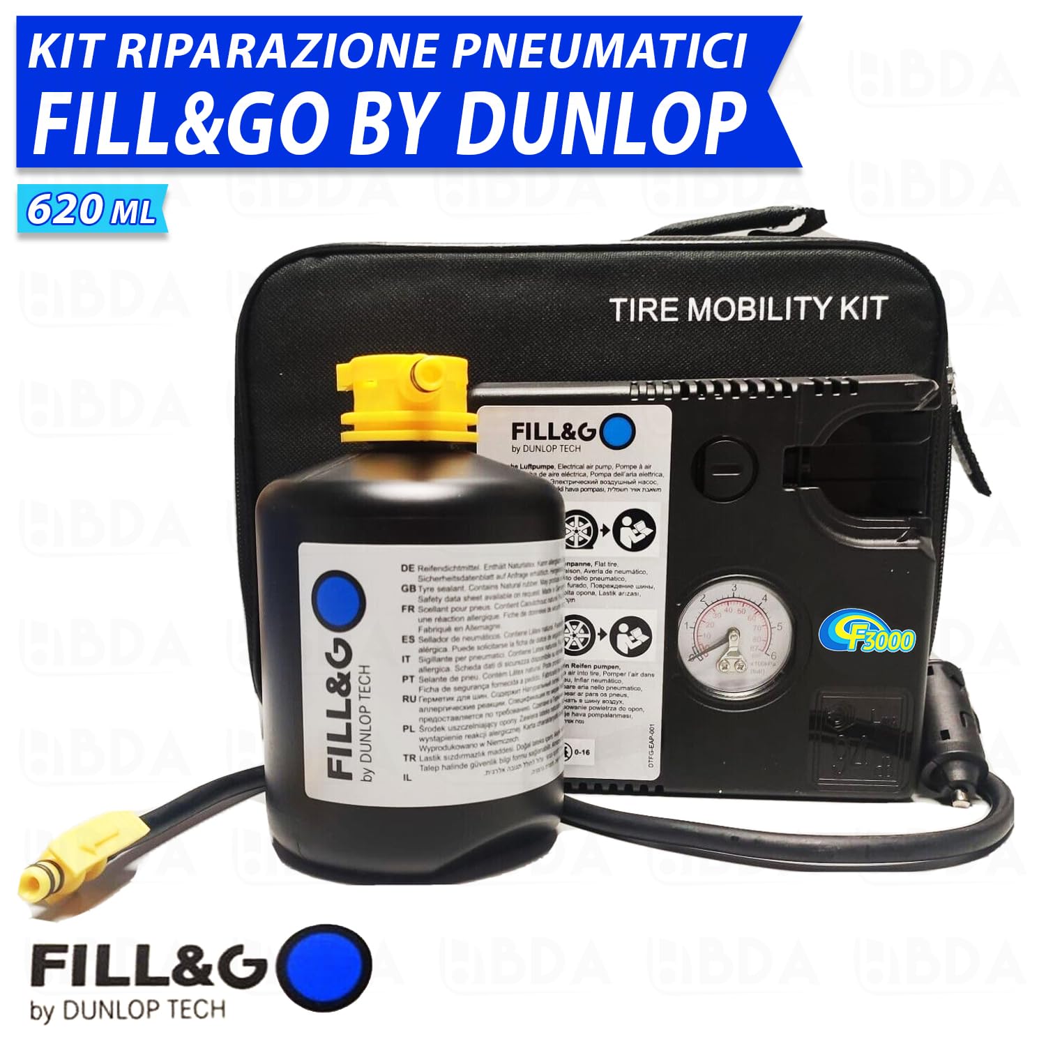 Sistema di Riparazione Pneumatici Kit Gonfia e Ripara Fill&Go by Dunlop Tech per MERCEDES-BENZ CLASSE R tutte le versioni, Pompa Elettrica da 620 ML